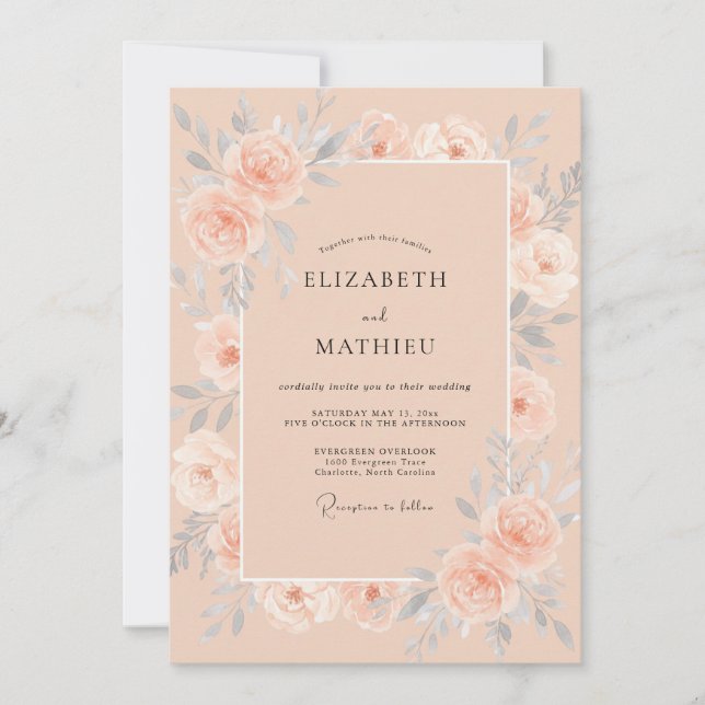 Apricot Painted Peony Wedding Invitation (Front)