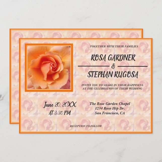 Apricot Peach Hybrid Rose Flower Wedding Invitation (Front/Back)