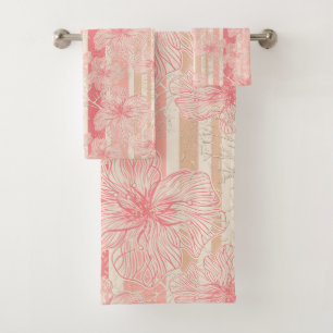 Apricot peach pink floral striped pattern bath towel set
