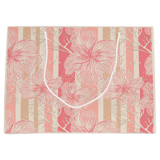 Apricot peach pink floral striped pattern large gift bag (Front)