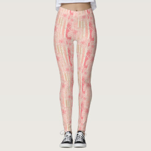 Apricot peach pink floral striped pattern leggings