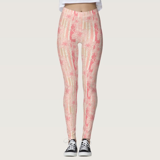 Apricot peach pink floral striped pattern leggings (Front)