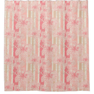 Apricot peach pink floral striped pattern shower curtain