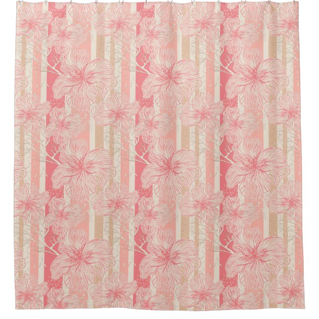 Apricot peach pink floral striped pattern shower curtain (Front)