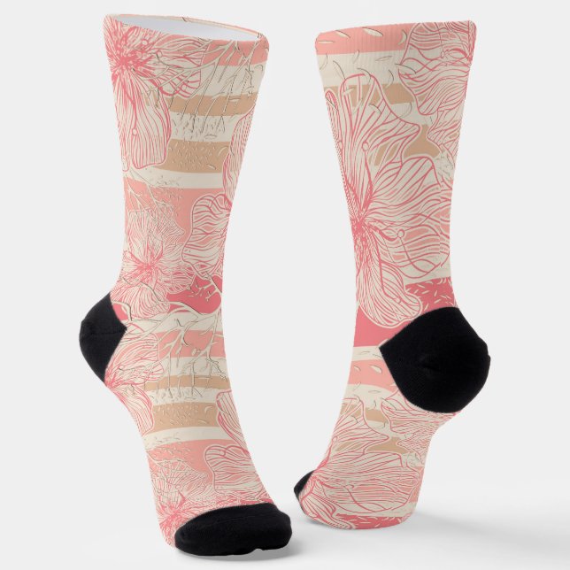 Apricot peach pink floral striped pattern socks (Angled)