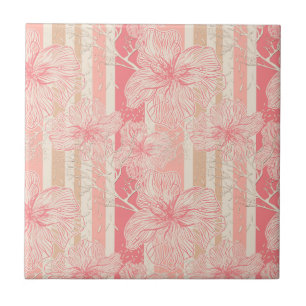 Apricot peach pink floral striped pattern tile