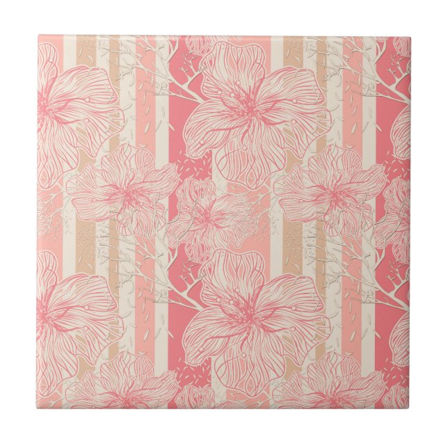 Apricot peach pink floral striped pattern tile (Front)