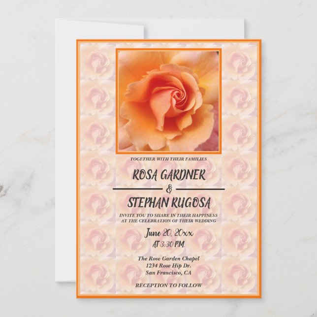 Apricot Peach Rose Flower Blossom / Framed Wedding Invitation (Front)