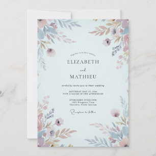 Apricot Periwinkle Leafy Wedding Invitation