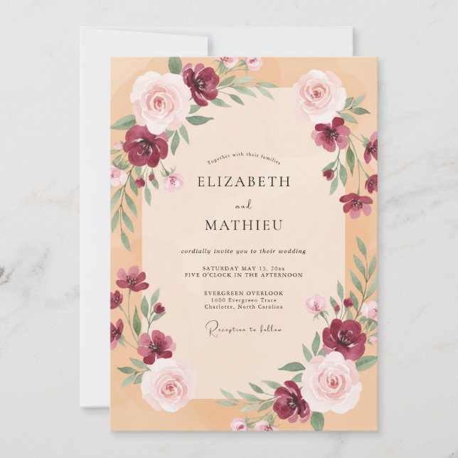 Apricot Plum Foliage Soft Eucalyptus Wedding Invitation (Front)