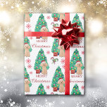 Apricot Poodle Dog Christmas Pattern Wrapping Paper<br><div class="desc">On this Holiday wrapping paper, an adorable little apricot Poodle dog wears a red and white Santa hat, and sits in front of a decorated Holiday tree. The image is repeated across the surface, and there are red snowflakes and striped candy canes between the images. There is also red text...</div>