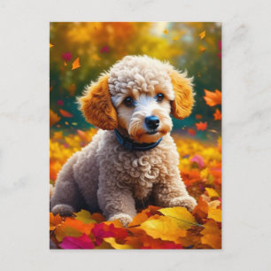 Apricot Poodle Puppy in Fall Leaves Postcard