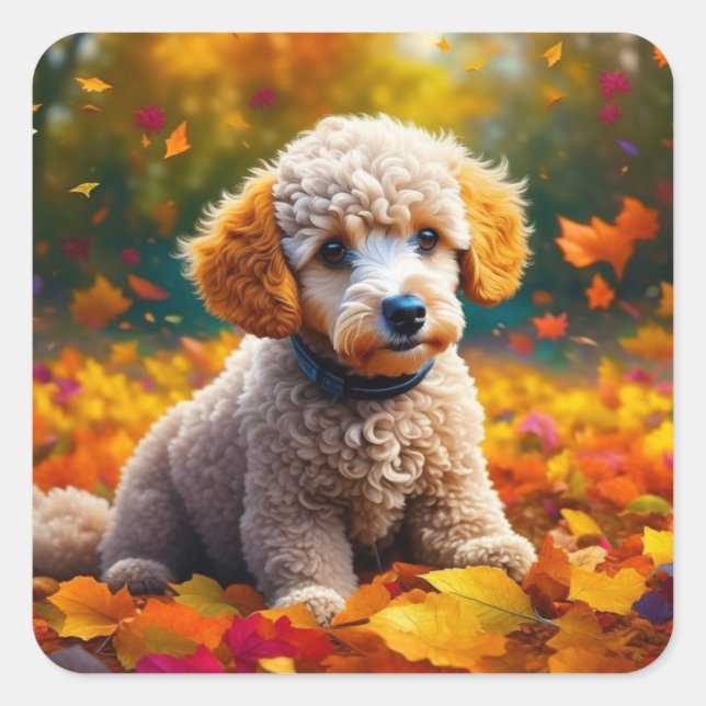 Apricot Poodle Puppy in Fall Leaves Square Sticker (Front)