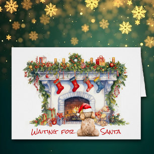 Apricot Poodle Wait on Santa Christmas Fireplace