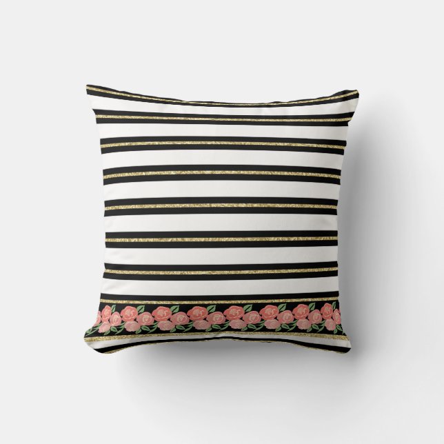 Apricot Roses, Black, White, Gold Stripes Cushion (Front)
