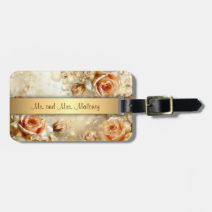 Apricot Roses Glitter Gold Luggage Tag