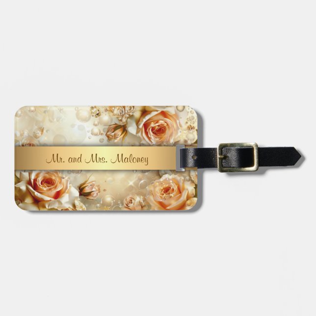 Apricot Roses Glitter Gold Luggage Tag (Front Horizontal)