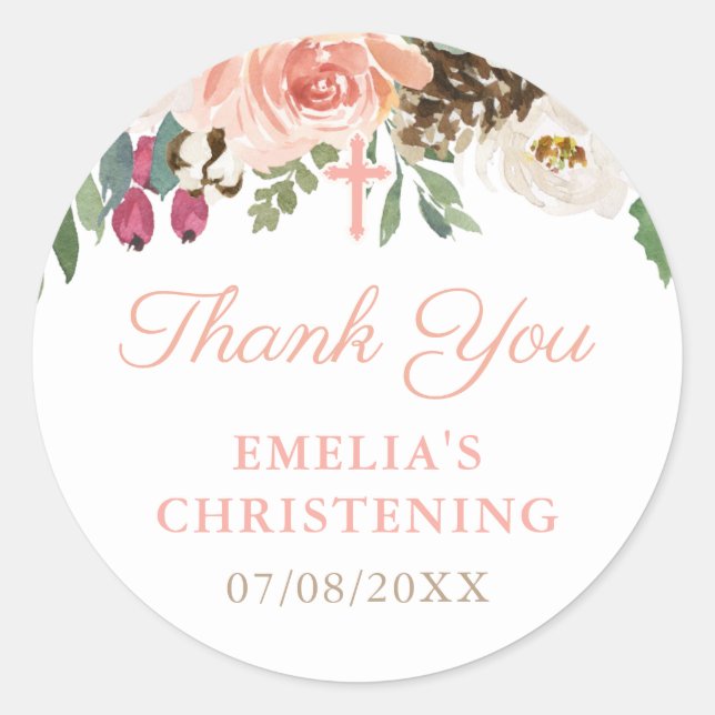 Apricot Rustic Florals & Foliage Baptism Thank You Classic Round Sticker (Front)