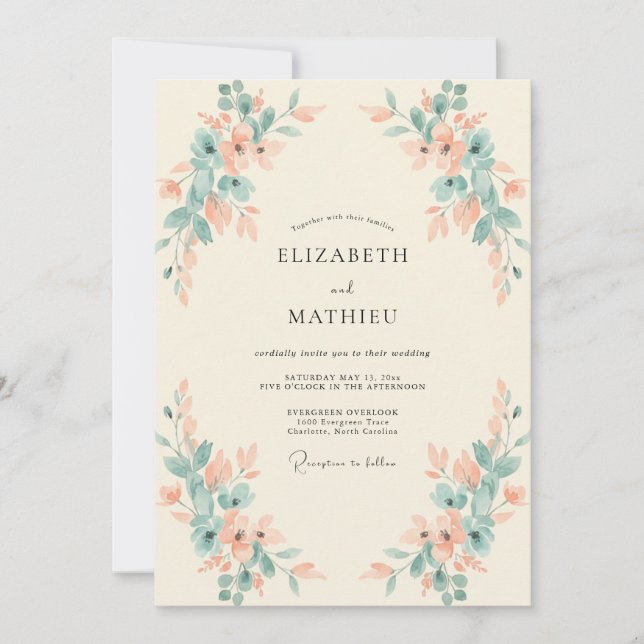 Apricot Seafoam Leafy Wedding Invitation (Front)