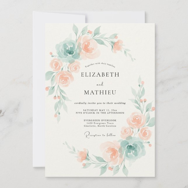 Apricot Seafoam Peony Wedding Invitation (Front)