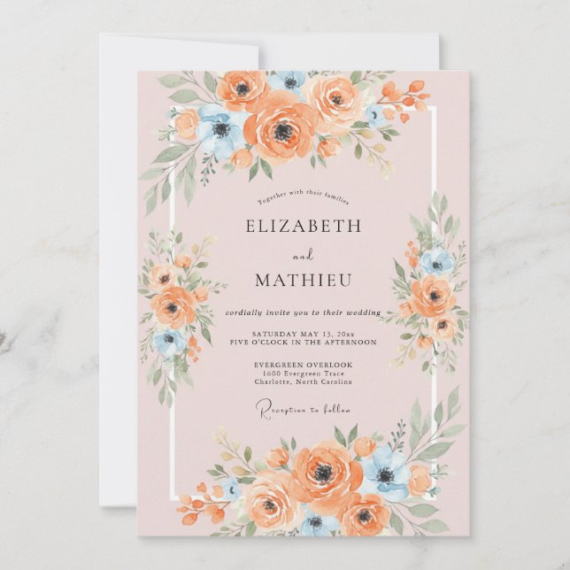 Apricot Sky Blue Ranunculus Eucalyptus Wedding Invitation (Front)