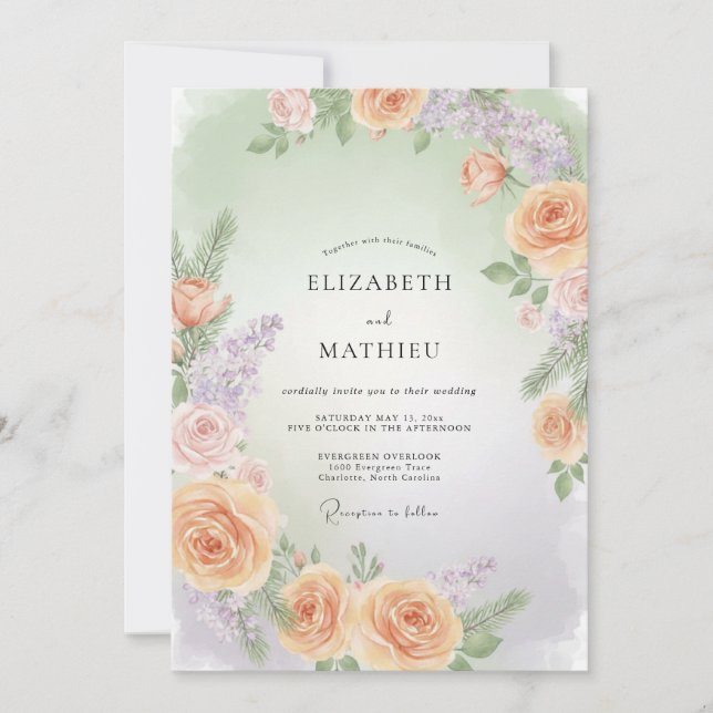 Apricot Soft Lilac Wreath Wedding Invitation (Front)