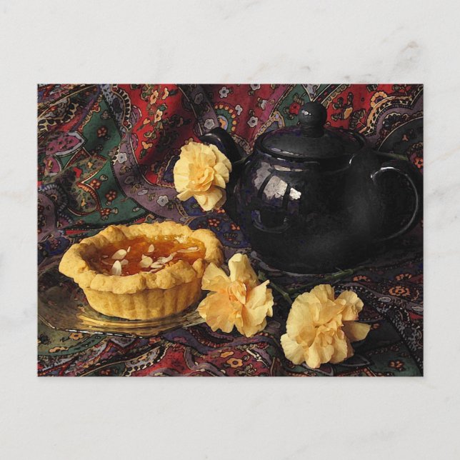 Apricot Tart with Teapot and Carnations Postcard (Front)
