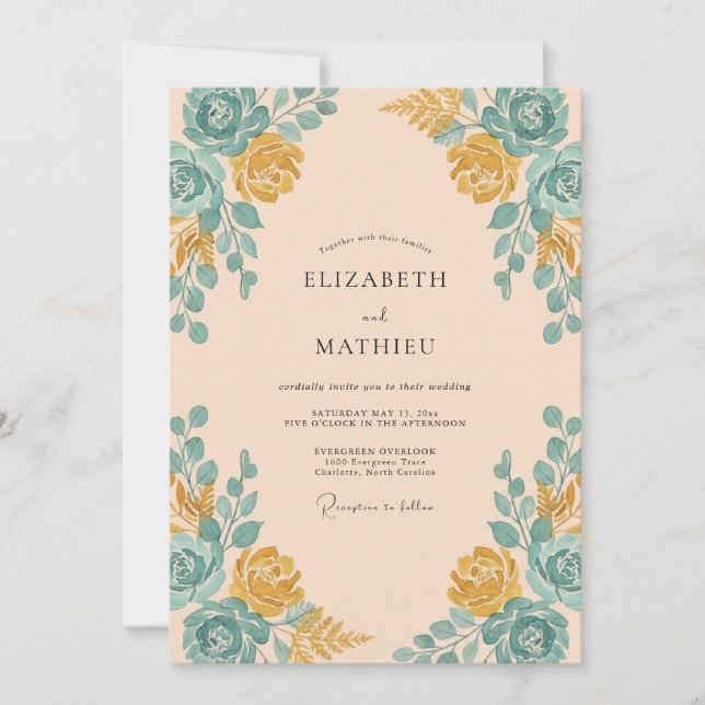 Apricot Teal Rose Arch Wedding Invitation (Front)