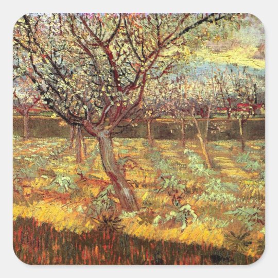 Apricot Trees in Blossom, Vincent van Gogh. Vinta Square Sticker