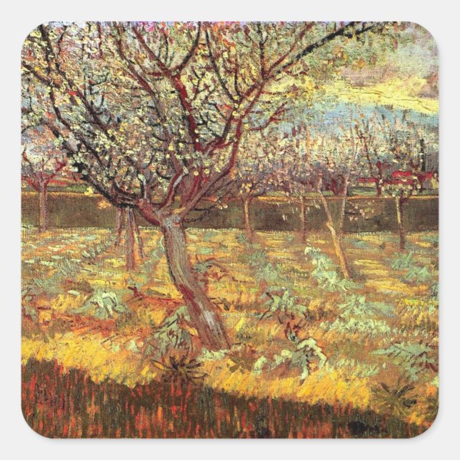 Apricot Trees in Blossom, Vincent van Gogh.  Vinta Square Sticker (Front)
