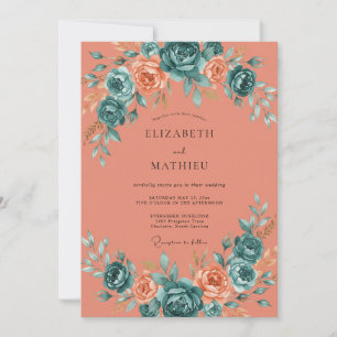 Apricot Turquoise Blossom Wedding Invitation