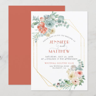Apricot Wasabi Green Gold Geometric Floral Wedding Invitation
