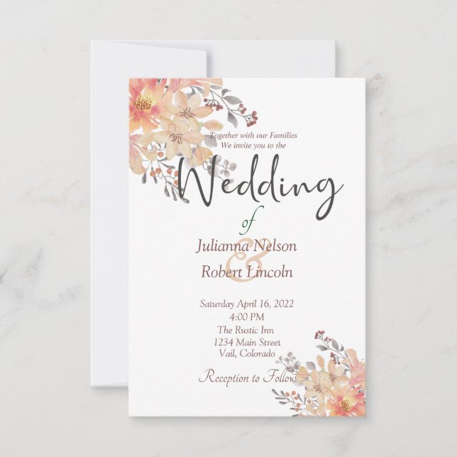 Apricot watercolor floral wedding invitation (Front)