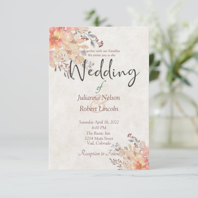 Apricot watercolor floral wedding invitation (Standing Front)