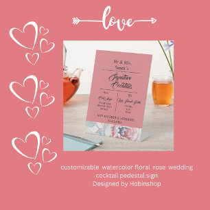 apricot watercolor rose signature wedding cocktail pedestal sign