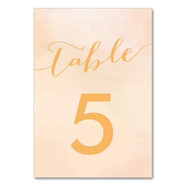 Apricot Watercolor Wedding Table Number Cards (Front)