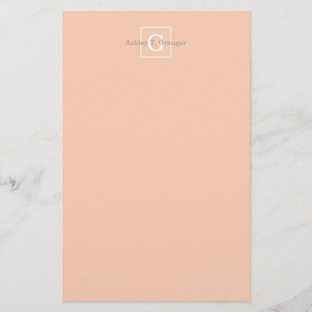 Apricot White Framed Initial Monogram Stationery (Front)