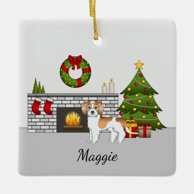 Apricot & White Mini Goldendoodle - Christmas Room Ceramic Ornament (Front)