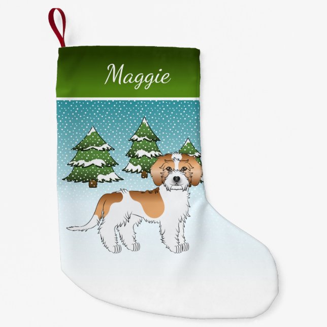 Apricot & White Mini Goldendoodle Winter Forest Small Christmas Stocking (Front)