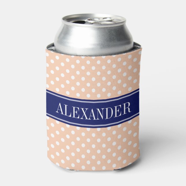 Apricot White Polka Dots Navy Name Monogram Can Cooler (Can Front)