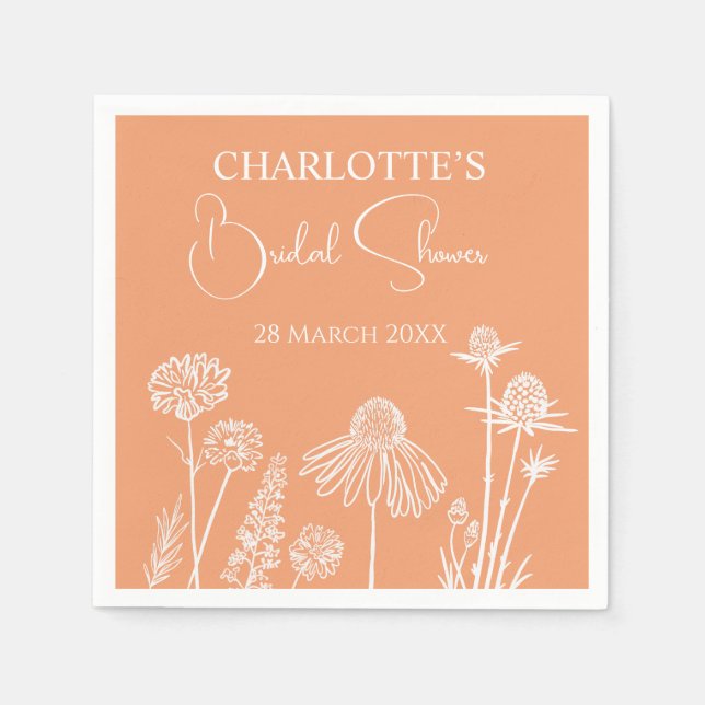 Apricot Wildflowers Sketched Floral Bridal Shower  Napkin (Front)