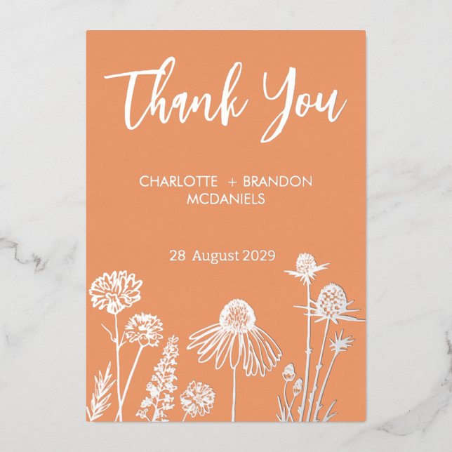 Apricot Wildflowers Wedding Thank You Gold  (Front)