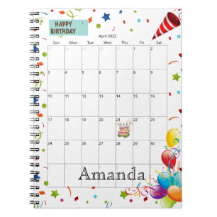 April 2022 Calendar Happy Birthday Notebook