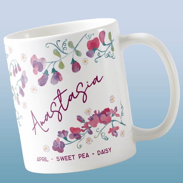 April Birth Flower Custom Name Sweet Pea Daisy Coffee Mug (April birth month flower sweet pea Daisy personalized custom name coffee mug)