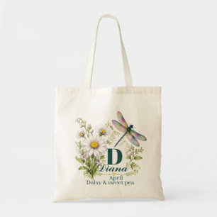April Birth Flower Daisy Monogram Dragonfly Tote B Bag