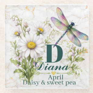 April Birth Flower Daisy Monogram Dragonfly Tote B Glass Coaster