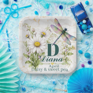 April Birth Flower Daisy Monogram Dragonfly Tote B Paper Plate
