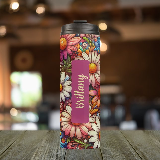 April Birth Flower Daisy Personalised 16 oz Thermal Tumbler (Personalized 20 oz tumbler with birth flower for April)