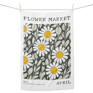 April Birth Flower Market White Daisy Floral Print Tea Towel