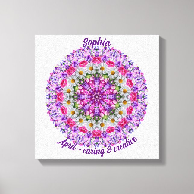April Birth Flower Personalised Daisy Mandala Art Canvas Print (Front)
